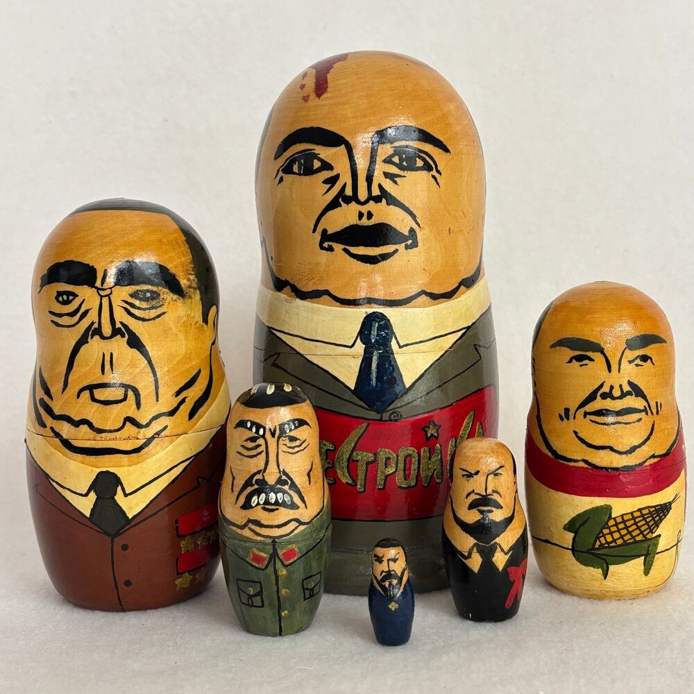 Vintage Matryoshka Russian Nesting Dolls Set of 6 Soviet Political Leaders